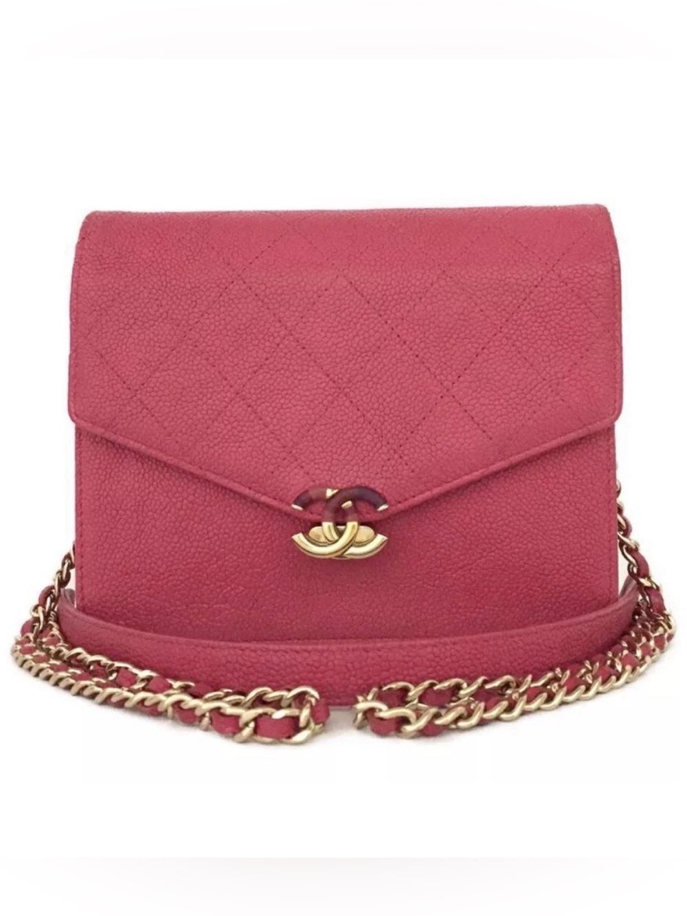 Auth Chanel CC Logo Cuba Flap Caviar Skin Wallet On Chain WOC Shoulder Bag Pink